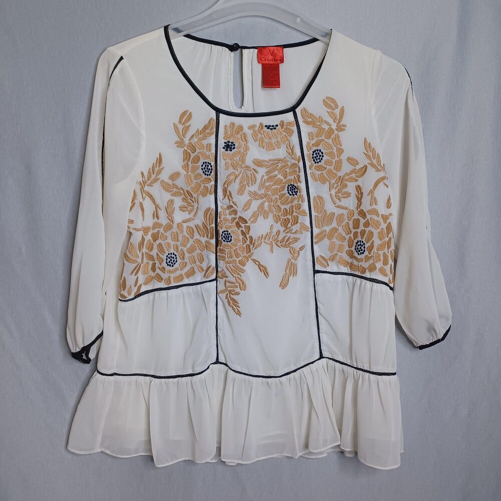 V Cristina Top Womens Medium White Floral Embroidered Ruffle Hem Bohemian